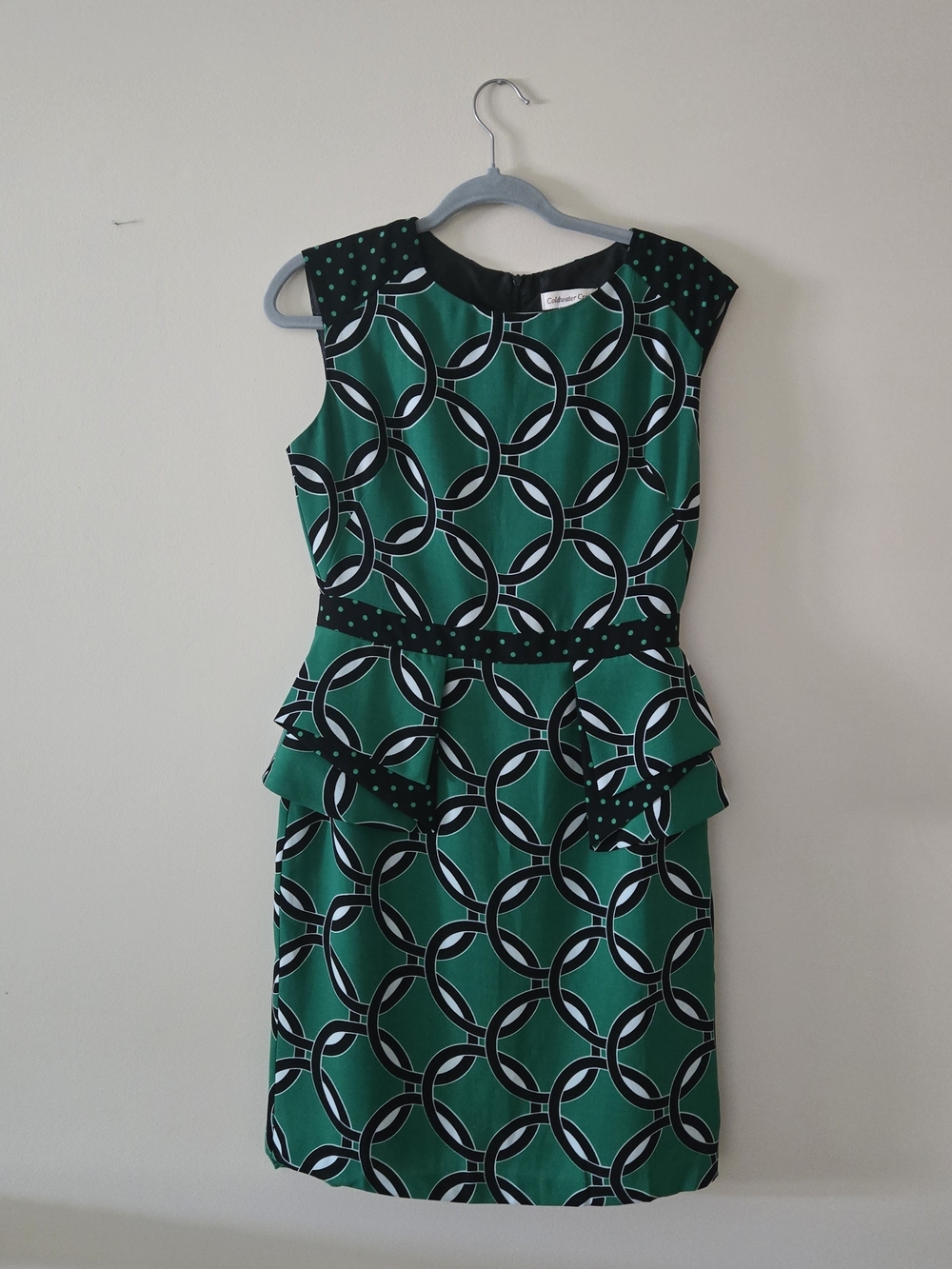 Coldwater Creek Emerald Green & Black Geometric Peplum Midi Dress